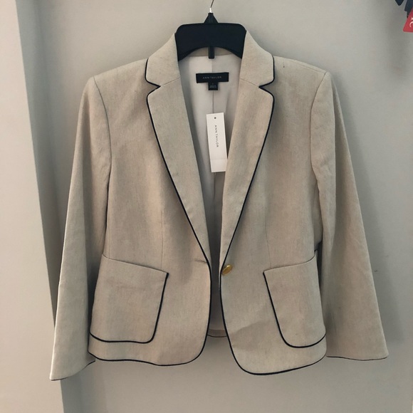NWT Ann Taylor Linen Blazer with Navy Piping 2 - Picture 2 of 4